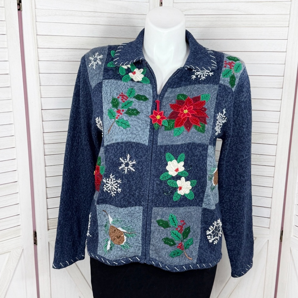 DressBarn Vintage Embroidered Beaded Christmas Sweater Cardigan Blue Large